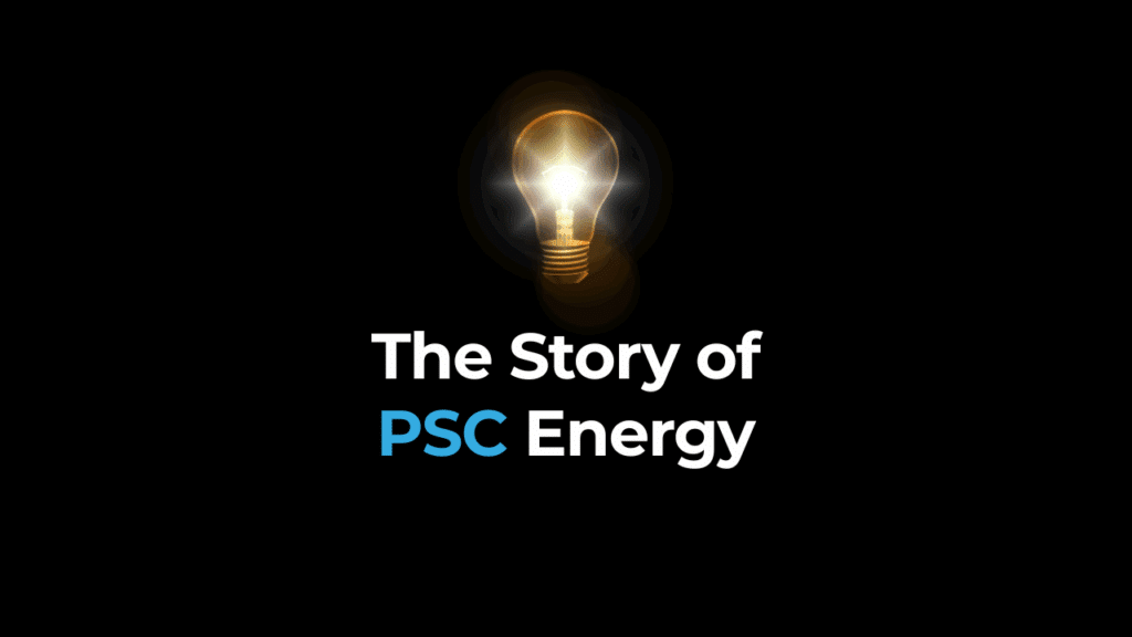 A lit light bulb glows above the centered text "The Story of PSC Energy" on a black background, with "PSC" highlighted in blue.