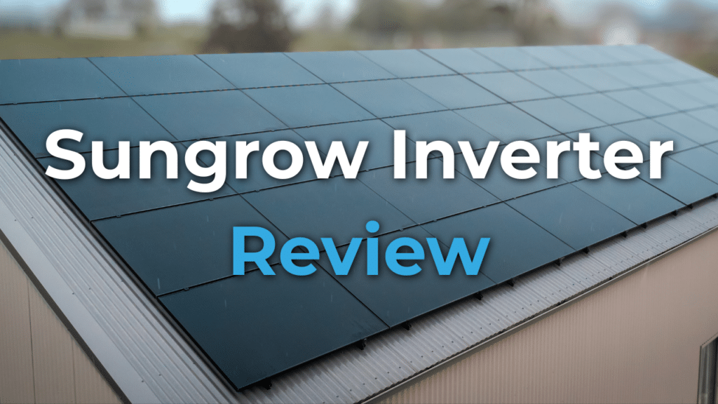 Solar panels installed on a sloped roof with the text "Sungrow Inverter Review" overlaid in large white and blue font.