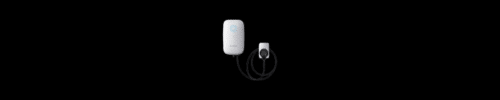 A white electric vehicle charging station with an attached black charging cable and connector, shown against a black background.
