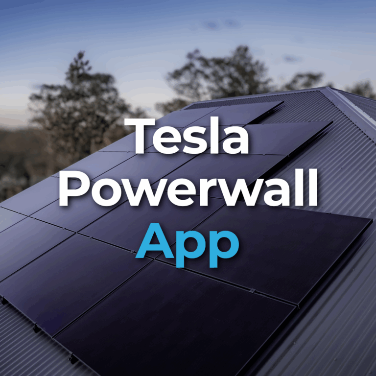 Solar panels installed on a rooftop with the words "Tesla Powerwall App" overlaid on the image. Trees and sky are visible in the background.