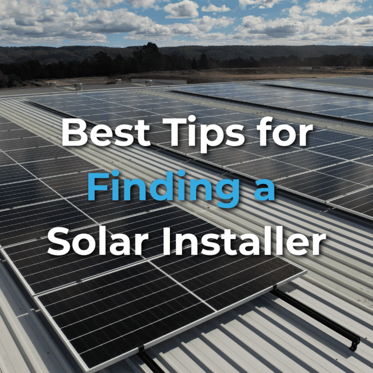 Rows of solar panels on a rooftop under a partly cloudy sky with the text, “Best Tips for Finding a Solar Installer,” overlaid on the image.