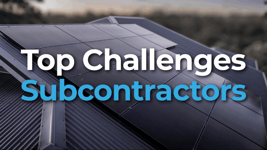 Solar panels installed on a rooftop with the text “Top Challenges Subcontractors” displayed prominently in the foreground.