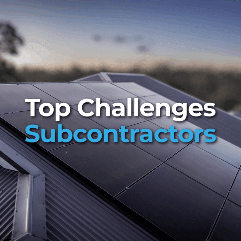 Close-up of solar panels on a rooftop with the text "Top Challenges Subcontractors" overlaid in white and blue letters.
