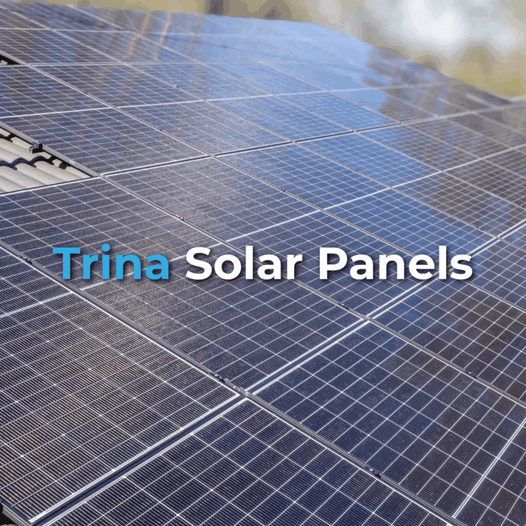Close-up view of installed solar panels with the words "Trina Solar Panels" overlaid on the image.
