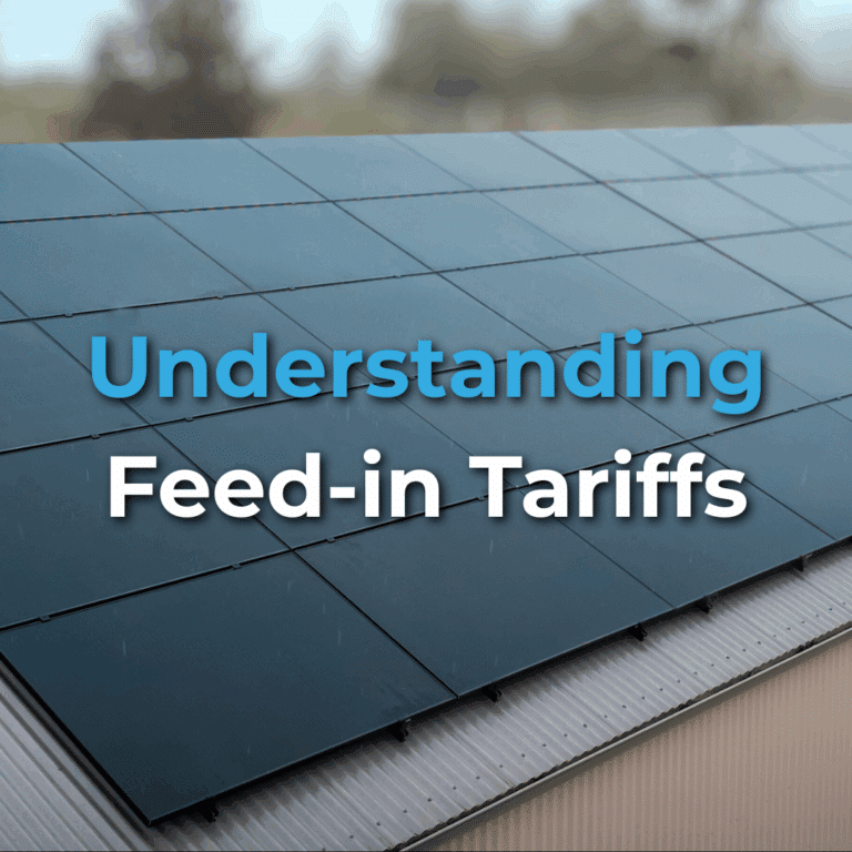 A rooftop covered with solar panels and the text "Understanding Feed-in Tariffs" overlaid on the image.
