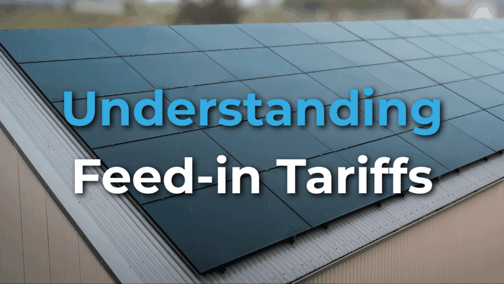 A rooftop with solar panels and the text "Understanding Feed-in Tariffs" in large letters.