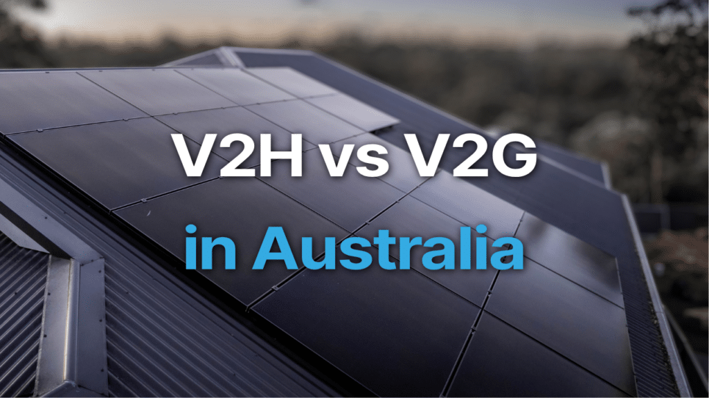 Solar panels on a roof with the text "V2H vs V2G in Australia" overlaid in the foreground.