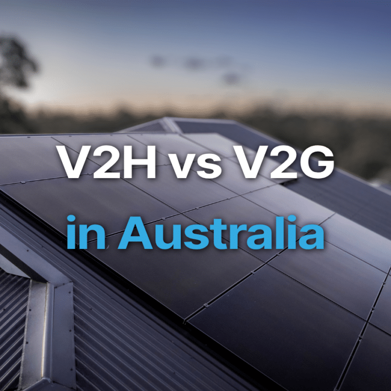 Rooftop solar panels with the text "V2H vs V2G in Australia" overlaid, under a blue sky with a blurred background.