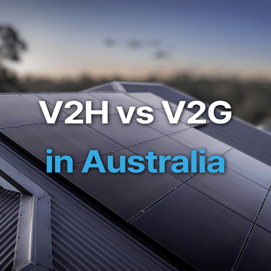 Rooftop solar panels with the text "V2H vs V2G in Australia" overlaid, under a blue sky with a blurred background.