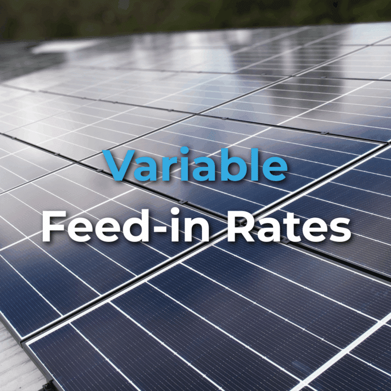 Close-up view of solar panels with the words "Variable Feed-in Rates" written over the image in bold text.