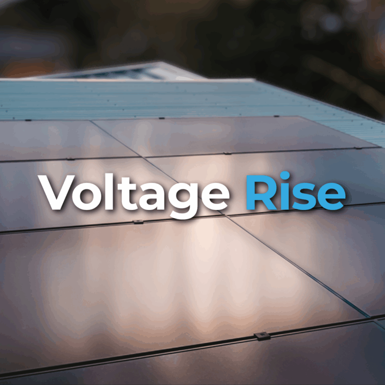Close-up of solar panels on a roof with the words "Voltage Rise" overlayed on the image.