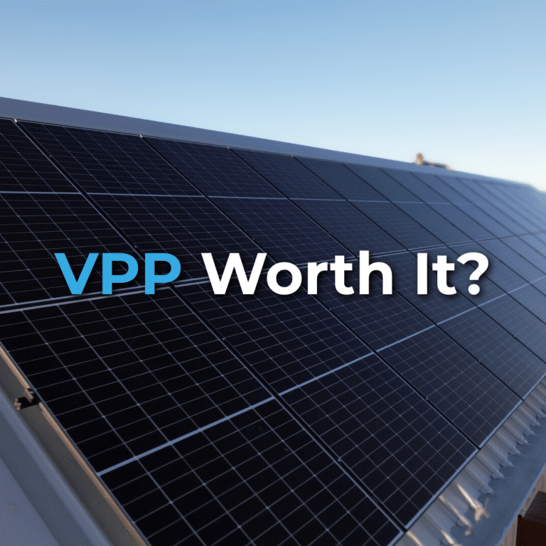 Close-up of solar panels on a rooftop with the text "VPP Worth It?" overlaid, questioning the value of virtual power plants.