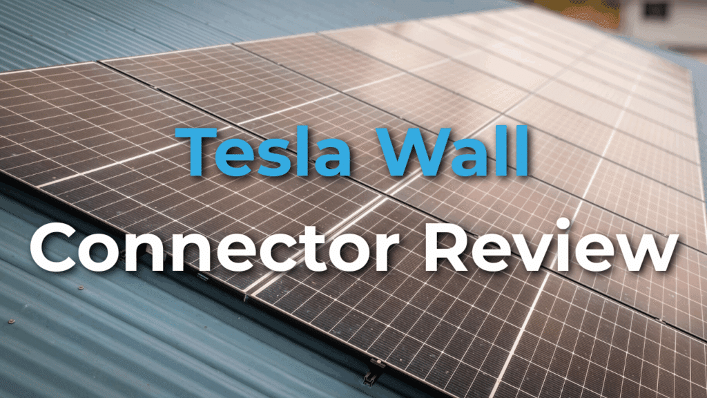 Rows of solar panels mounted on a blue metal roof with the text "Tesla Wall Connector Review" overlaid on the image.