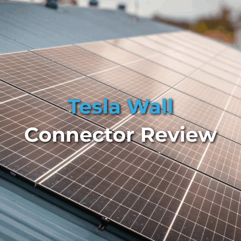 Rows of solar panels are installed on a slanted rooftop; the text "Tesla Wall Connector Review" appears over the image.