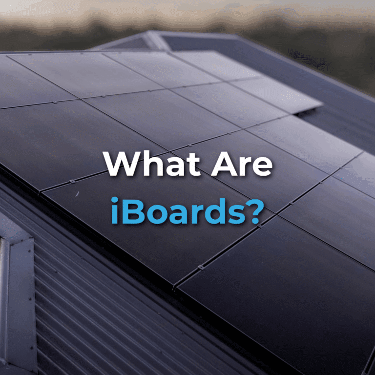 Close-up of dark solar panels installed on a rooftop, with the text "What Are iBoards?" overlaid in the center.