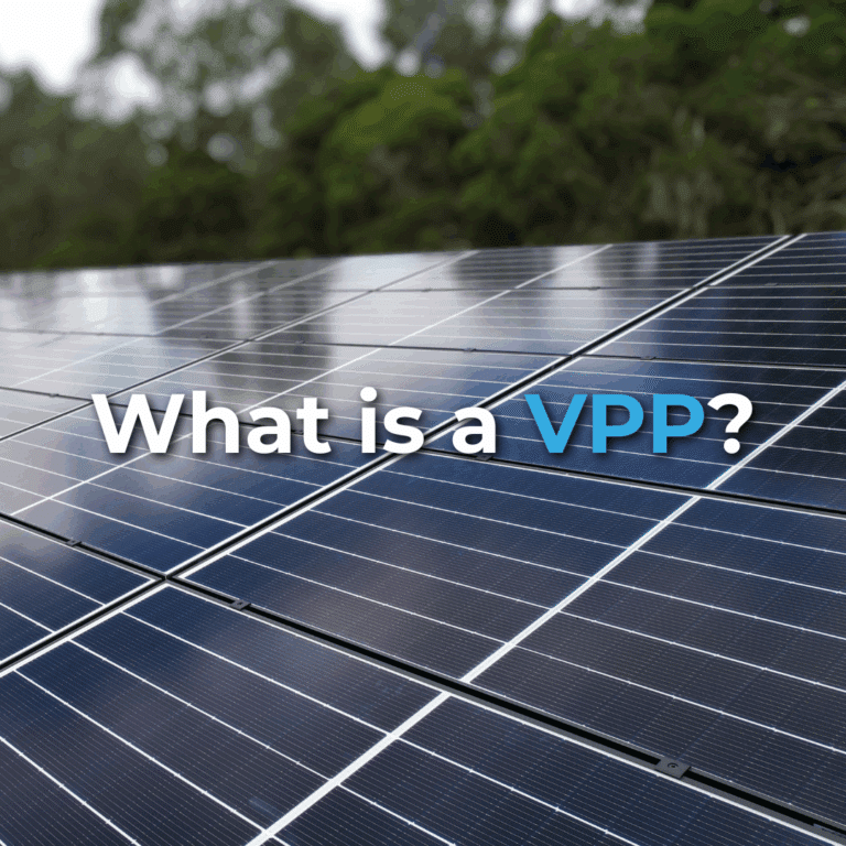 A close-up of solar panels outdoors with the words "What is a VPP?" superimposed over the image in white and blue text.