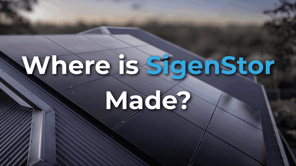 A rooftop solar panel installation with the text "Where is SigenStor Made?" overlayed in large white and blue letters.