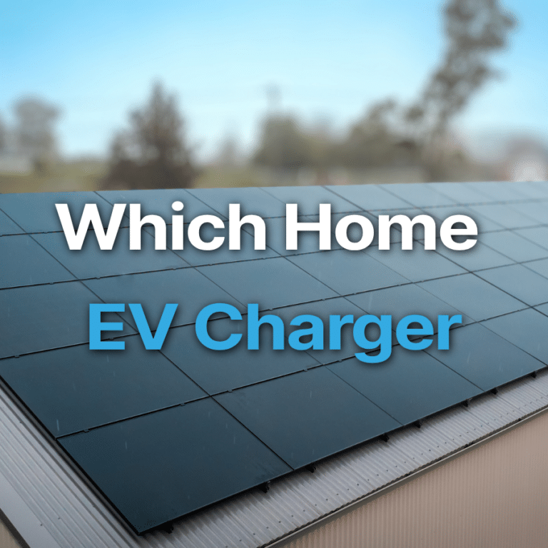A rooftop with solar panels and the text "Which Home EV Charger" overlaid in white and blue letters.