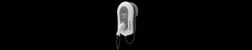 White electric vehicle charging station with digital display and attached charging cable, labeled "KONA" on the side, shown against a black background.